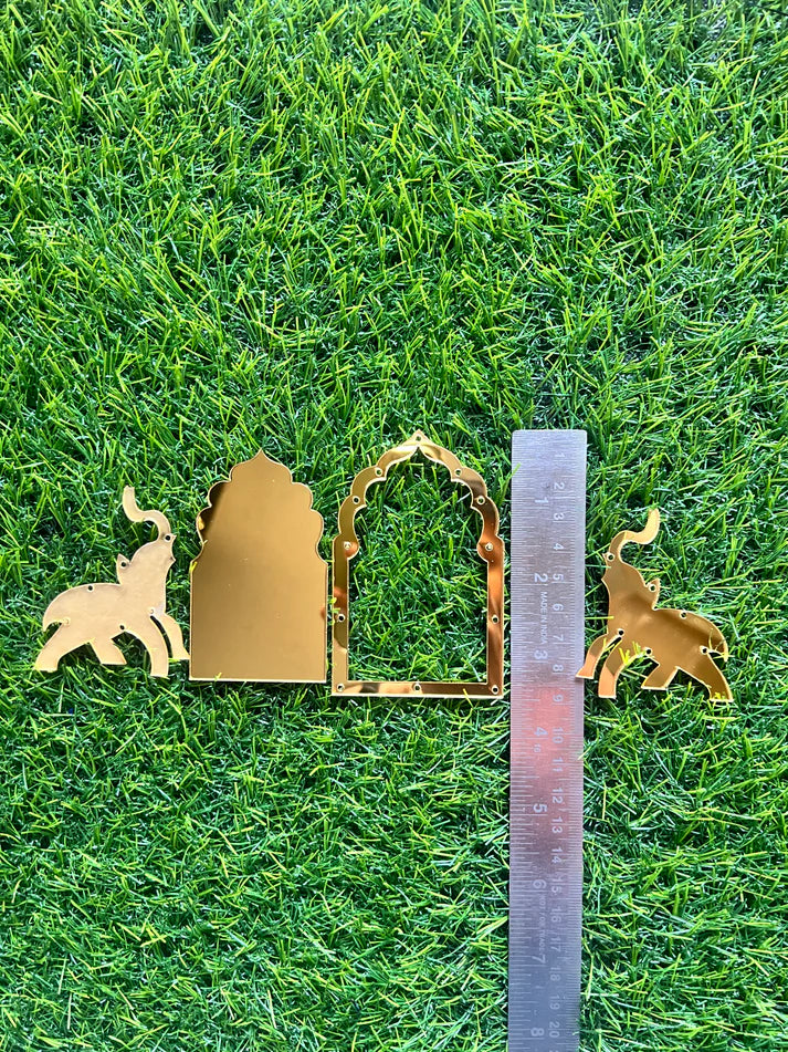 Acrylic Craft Mirror - ELEPHANT AND JARUKHA Shape - Golden - 12 Pieces