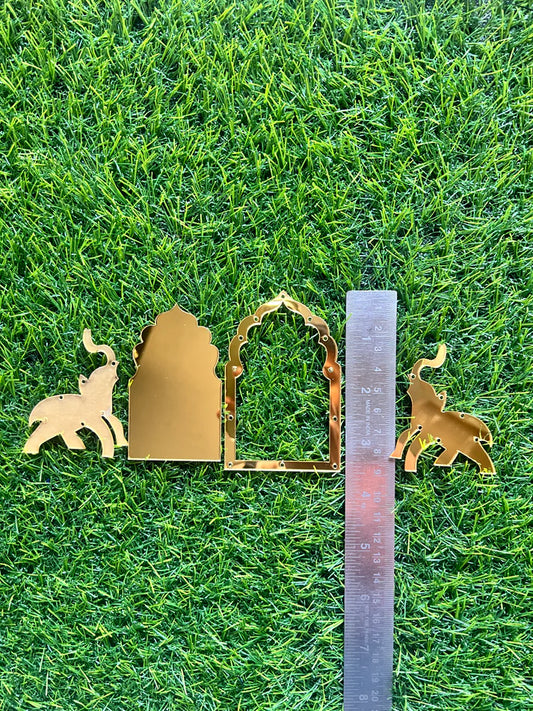 Acrylic Craft Mirror - ELEPHANT AND JARUKHA Shape - Golden - 12 Pieces